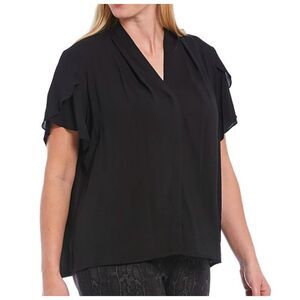 Women Calvin Klein V-Neck Tulip Short Sleeve Blouse in Black Size Large